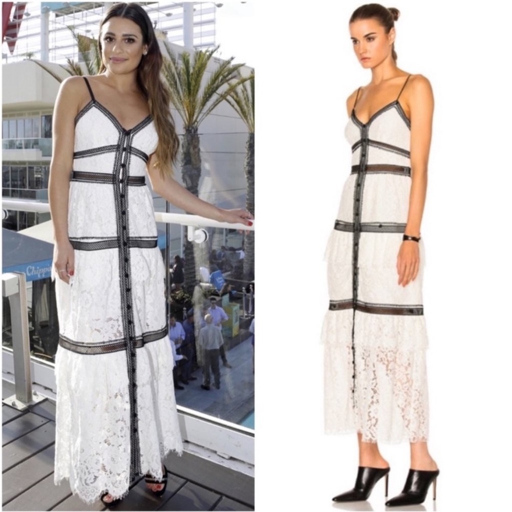 Gianni Bini Lace Trim Tiered Midi Dress Ivory and Black Thin Straps Sleeveless